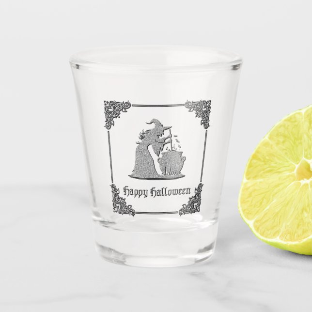 Silver Witch & Cauldron Halloween Shot Glass (Front)