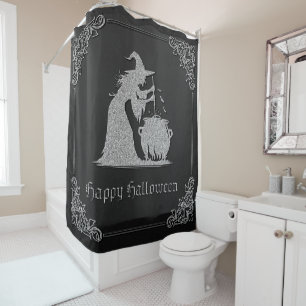 Silver Witch & Cauldron Halloween Shower Curtain