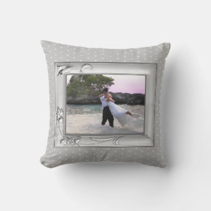 Silver with Flowers Frame Grey Dots Custom Photo Cushion