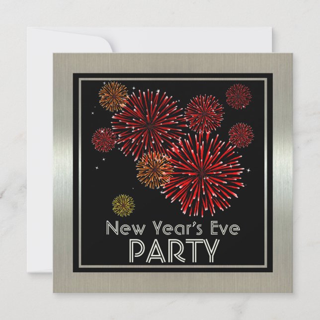 Silver with Red Fireworks New Years Party Invitation (Front)