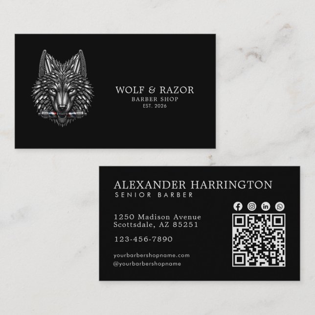 Silver Wolf Professional Barber Shop Qr Code Business Card (Front/Back)