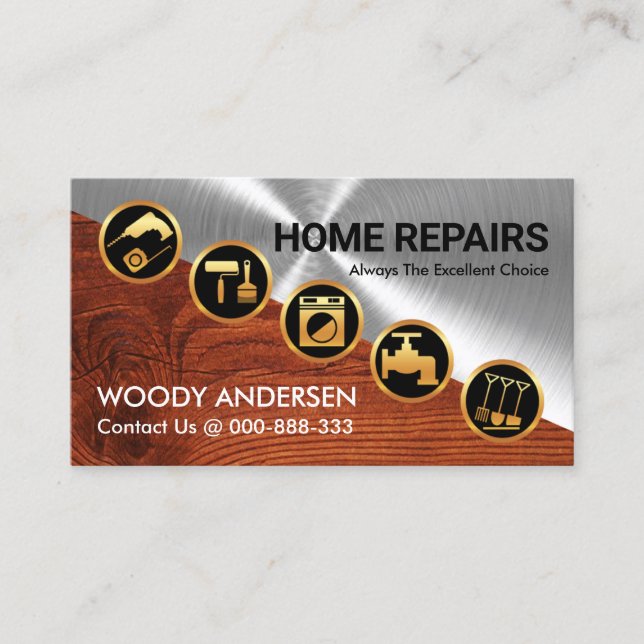 Silver Wood Diagonal Gold Handyman Tools Business Card (Front)