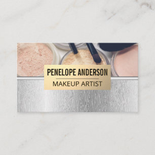 Silver Wood Grain Lines Makeup and Brushes Business Card