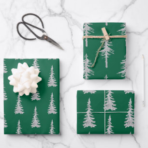 Silver Woodland Spruce Trees Forest Green Wrapping Paper Sheet