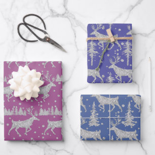 Silver Woodland Stag Spruce Forest Purple Blue Wrapping Paper Sheet