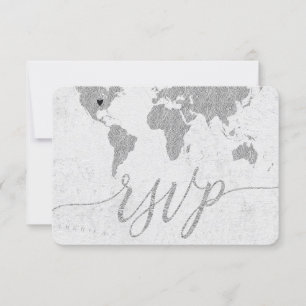 Silver World Map Custom Destination Wedding RSVP Card