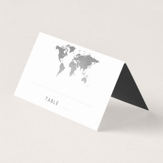 Silver World Map Destination Travel Place Card (Front)