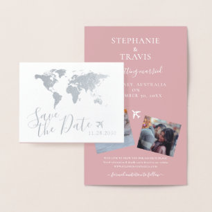 Silver World Map Folded Destination Save the Date Foil Card