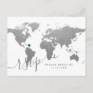 Silver World Map Heart Destination RSVP Postcard