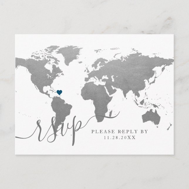 Silver World Map Heart Destination RSVP Postcard (Front)