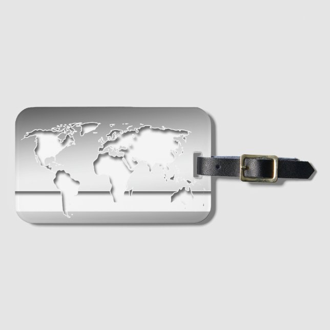 Silver World Map Luggage Tag (Front Horizontal)