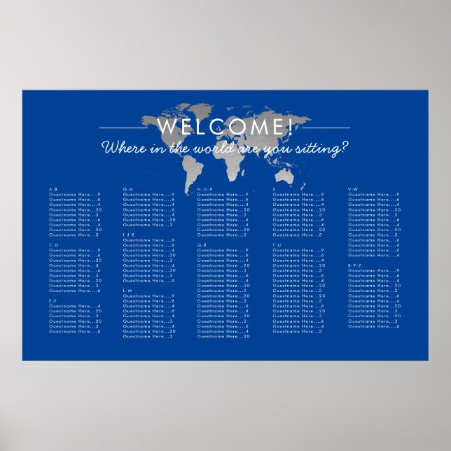 Silver World Map Travel Theme Seating Chart (Front)