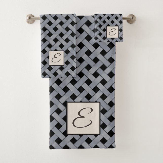 Silver Woven Rattan on Custom Colour with Monogram Bath Towel Set (Insitu)