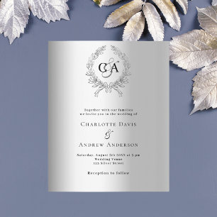 Silver wreath monogram budget wedding invitation
