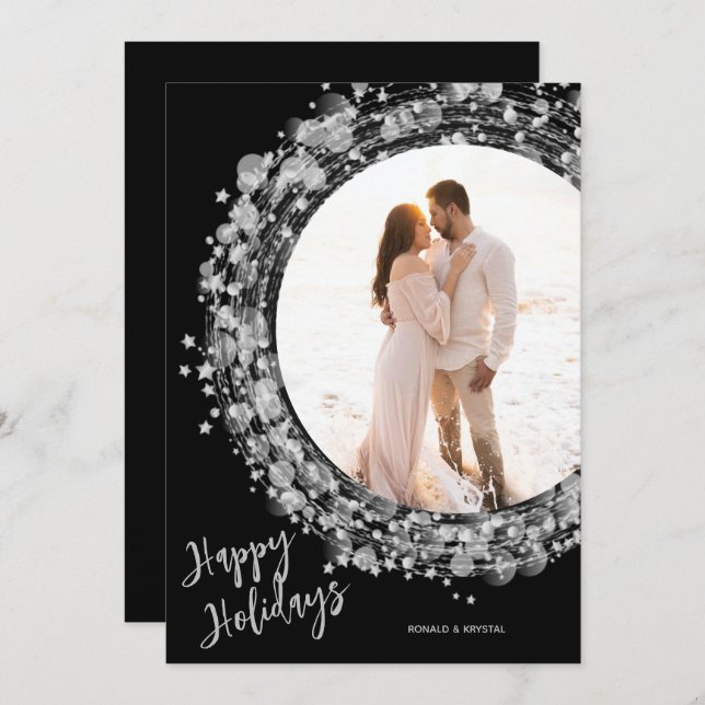 Silver Wreath on Black Photo Happy Holiday Card (Front/Back)