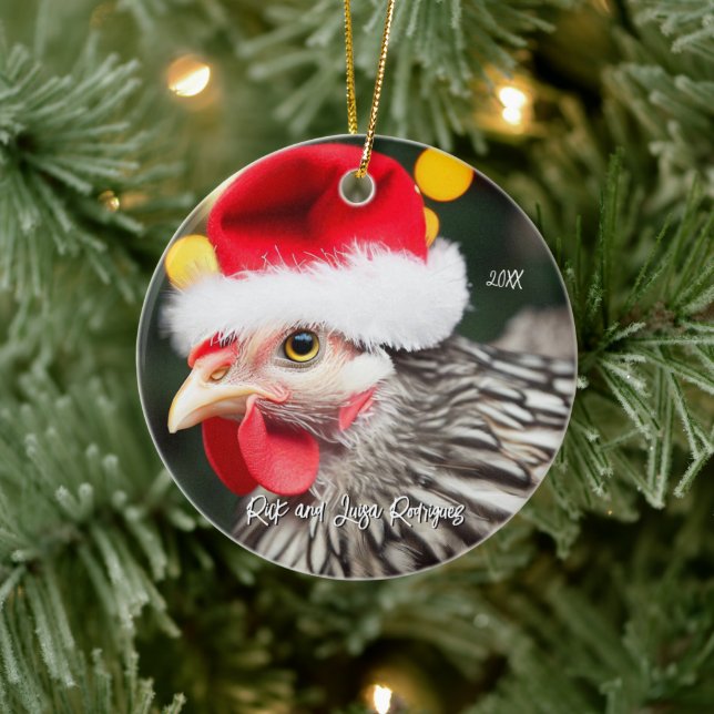 Silver Wyandotte Chicken in Santa Hat Christmas Ceramic Tree Decoration (Tree)