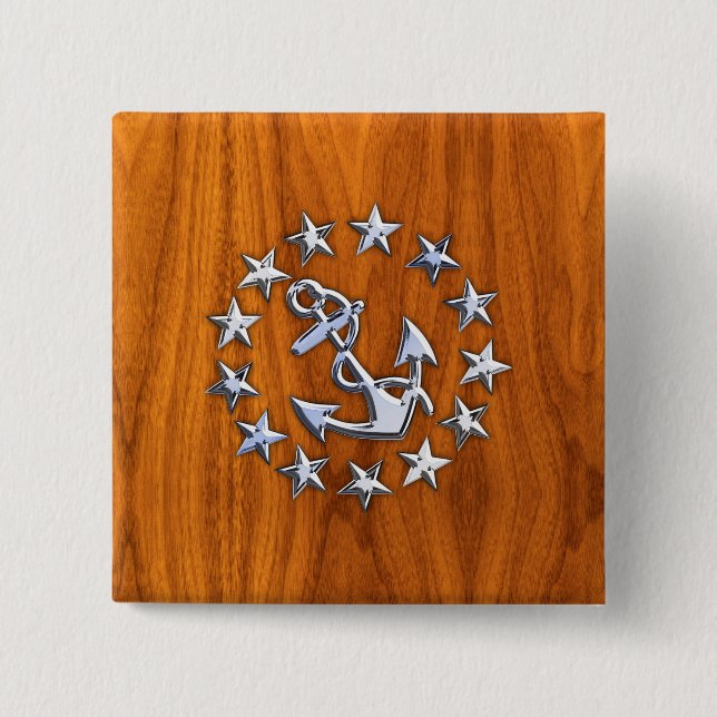 Silver Yacht Flag on Nautical Teak Wood Print 15 Cm Square Badge (Front)