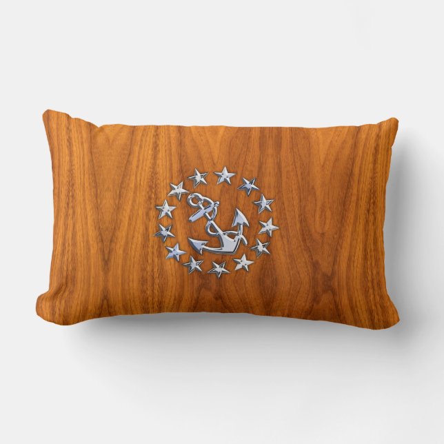 Silver Yacht Flag on Nautical Teak Wood Print Lumbar Cushion (Front)