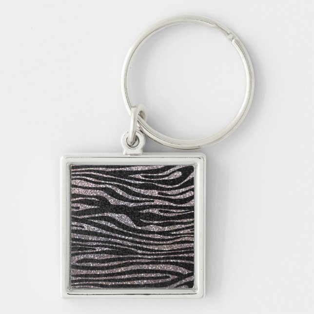 Silver zebra stripe pattern (faux glitter bling) key ring (Front)