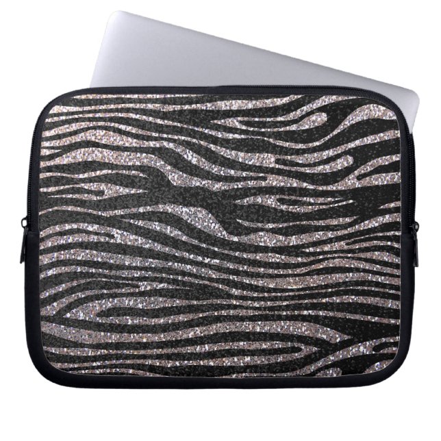 Silver zebra stripe pattern (faux glitter bling) laptop sleeve (Front)