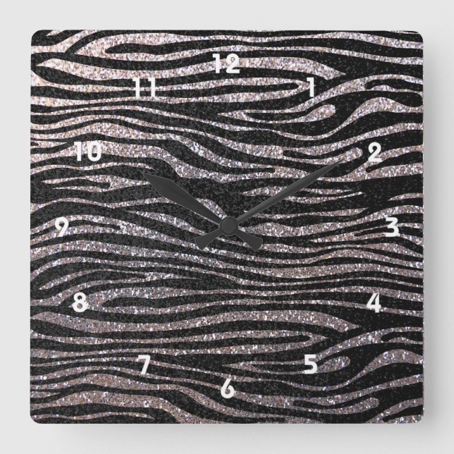 Silver zebra stripe pattern (faux glitter bling) square wall clock (Front)