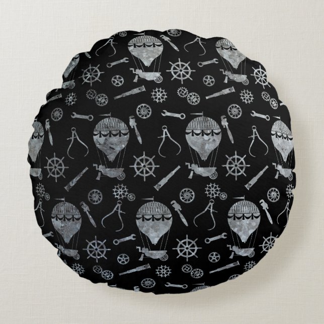 Silver Zinc Steampunk Balloons Theme Round Cushion (Front)