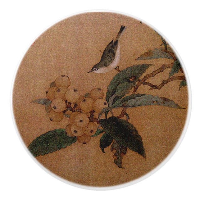 Silvereye bird with loquat fruit chinese art ceramic knob (Front)