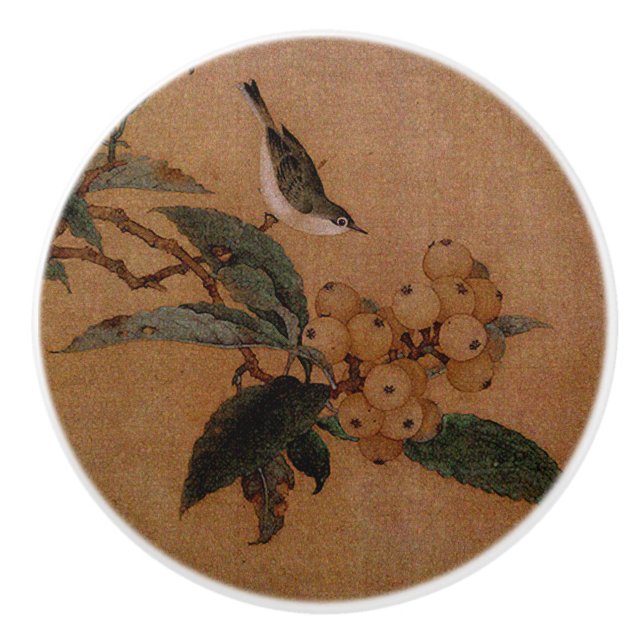 Silvereye bird with loquat fruit version two ceramic knob (Front)
