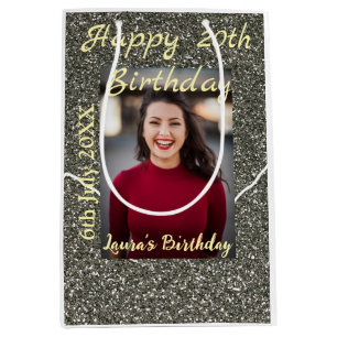 Silverglitter photo 20th birthday add name date medium gift bag