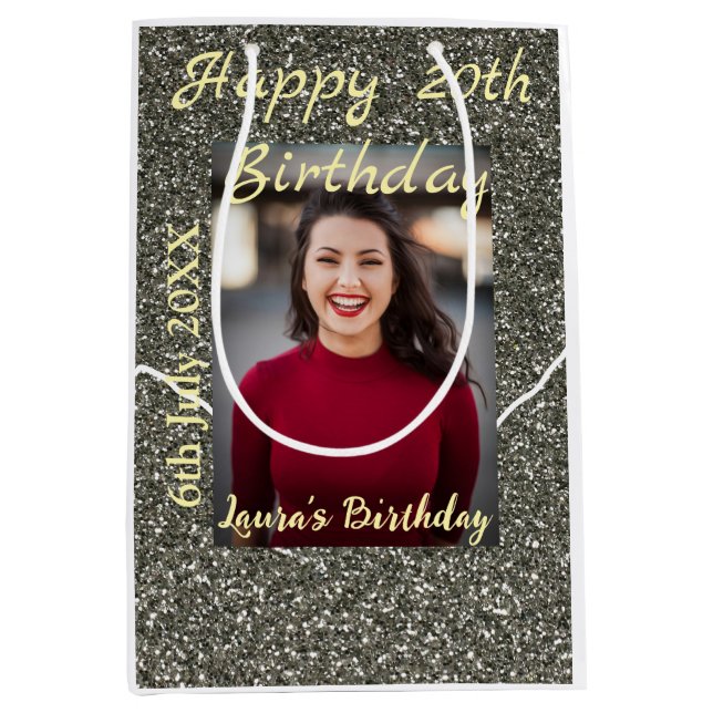 Silverglitter photo 20th birthday add name date medium gift bag (Front)