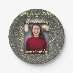 Silverglitter photo 20th birthday add name date paper plate