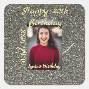 Silverglitter photo 20th birthday add name date square sticker