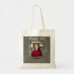 Silverglitter photo 20th birthday add name date tote bag