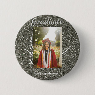 Silverglitter photo graduation add name class text 6 cm round badge