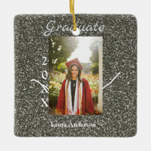 Silverglitter photo graduation add name class text ceramic ornament