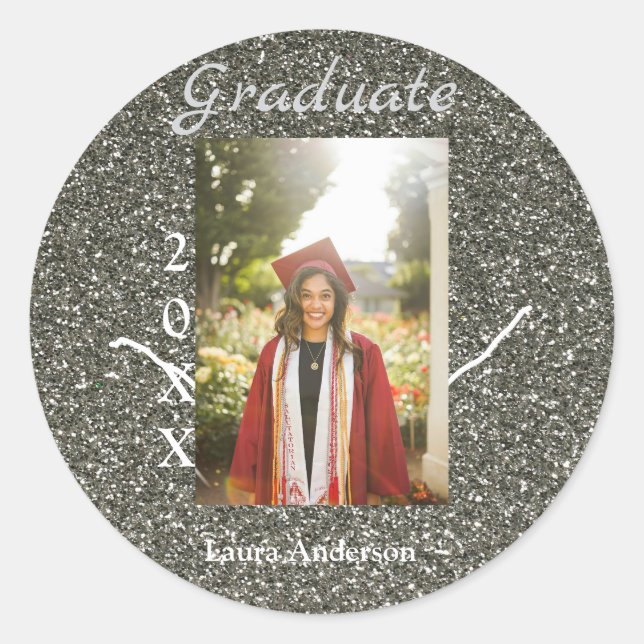 Silverglitter photo graduation add name class text classic round sticker (Front)