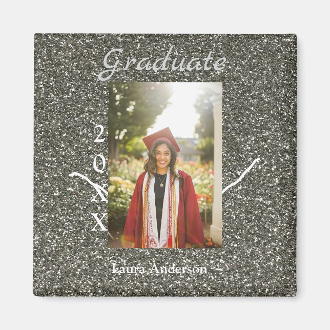 Silverglitter photo graduation add name class text magnet (Front)