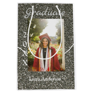 Silverglitter photo graduation add name class text medium gift bag