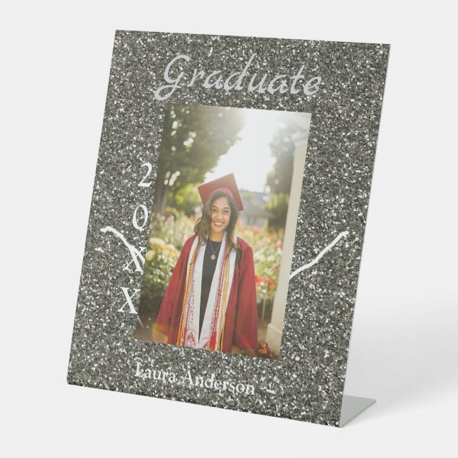 Silverglitter photo graduation add name class text pedestal sign (Front)
