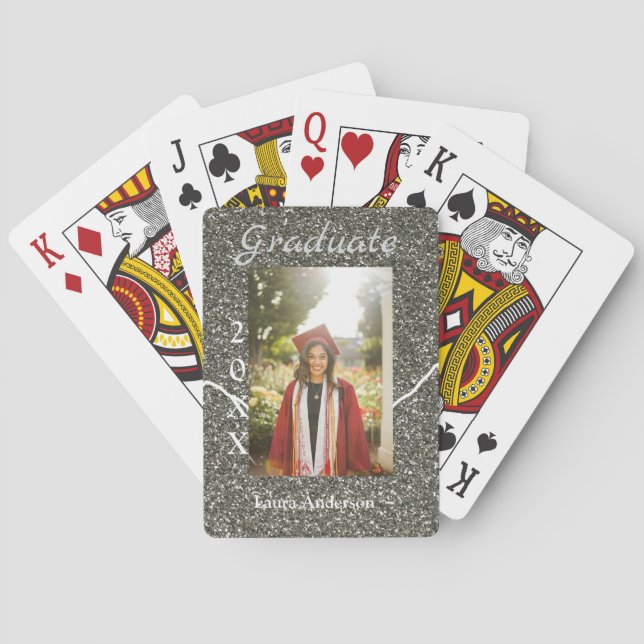 Silverglitter photo graduation add name class text playing cards (Back)