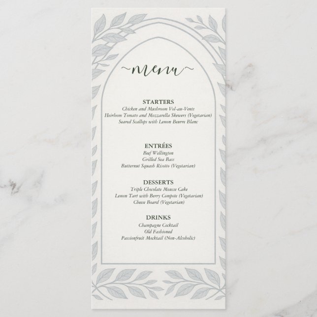 Silverleaf Elven Wedding – Leaf Border Wedding Menu (Front)