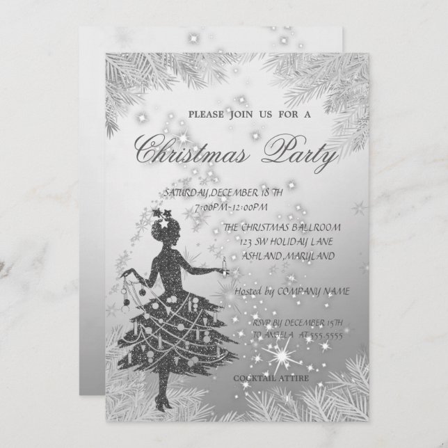SilverTree Branches,Girl Corporate Christmas Party Invitation (Front/Back)