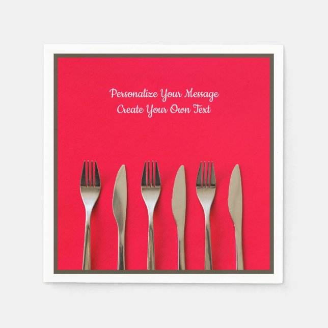 Silverware Utensils Knife Fork on Red Personalise Napkin (Front)