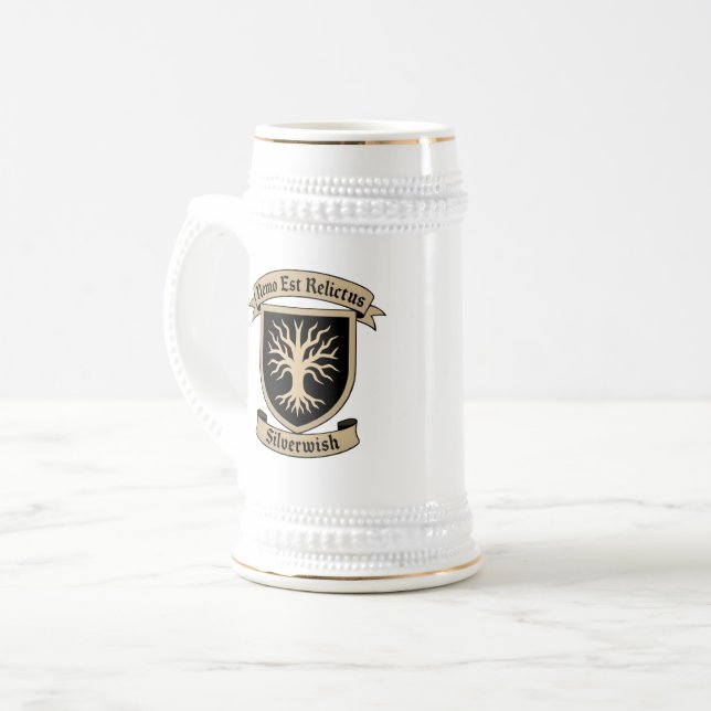 SilverWish Crest and motto Tankard on White&Black Beer Stein (Front Left)