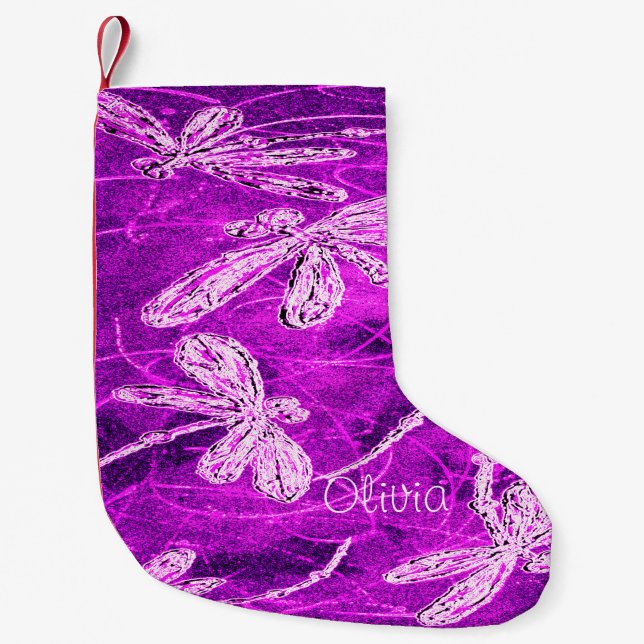 Silvery Dragonflies on a Magic Magenta Sky Small Christmas Stocking (Front)