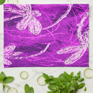 Silvery Dragonflies on a Magic Magenta Sky Tea Towel
