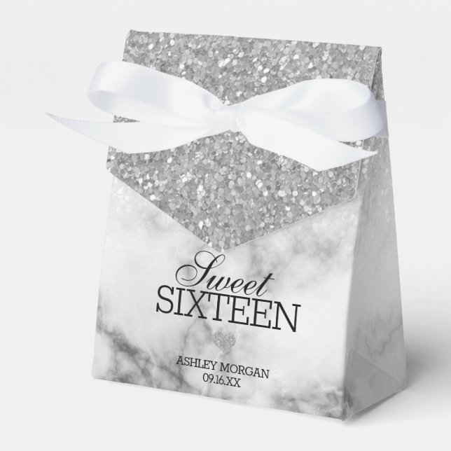 Silvery Faux Glitter/Marble Sweet 16 Favour Box (Front Side)