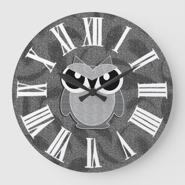 Silvery Faux Glitter Styled Woodland Owl Large Clock (Front)