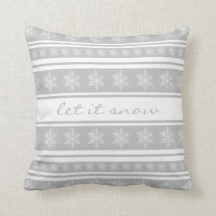 Silvery Grey Striped Snowflake Let it Snow Pillow