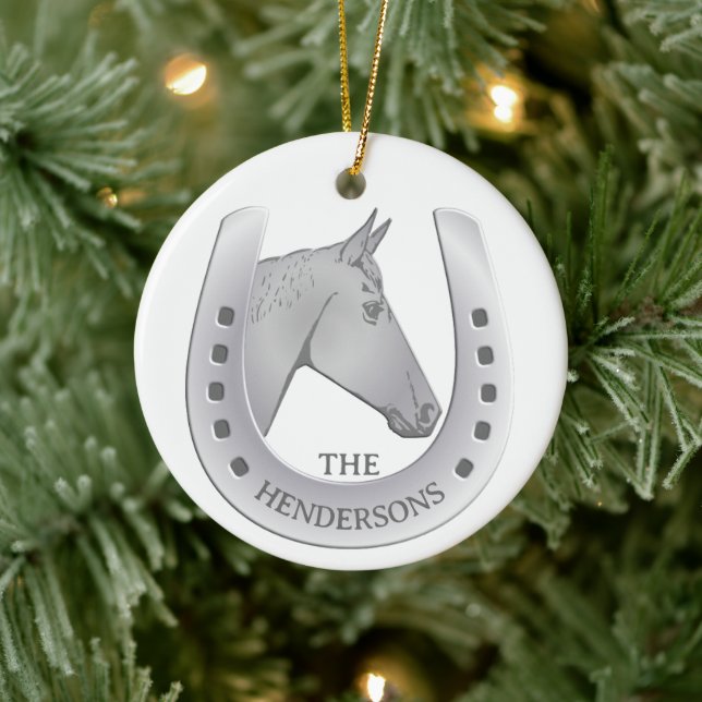 Silvery Horse and Horseshoe Emblem Ceramic Tree Decoration (Tree)